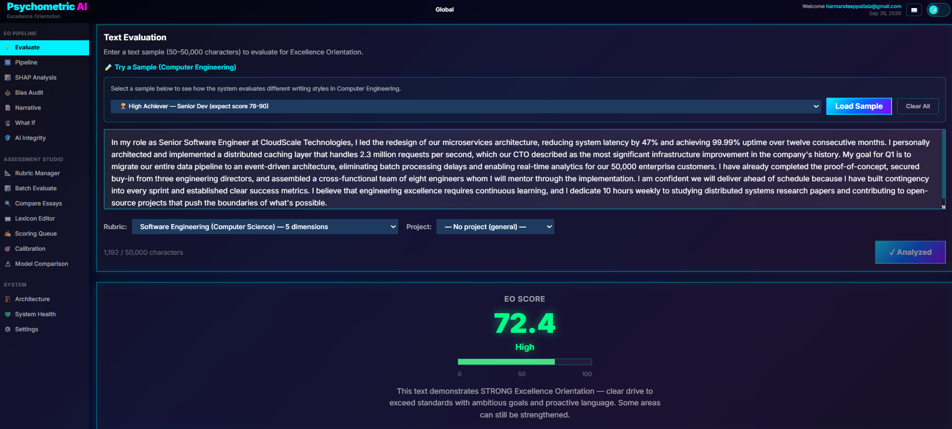 Psychometric World AI dashboard showing student writing feedback and assessment context