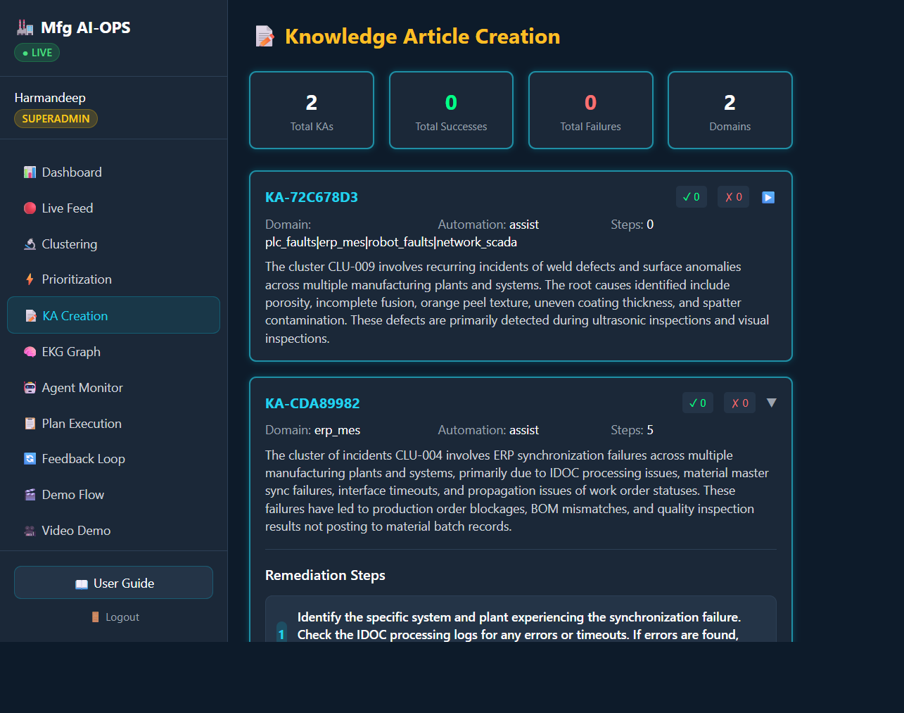 MFG AI-OPS knowledge article view showing incident context and response guidance